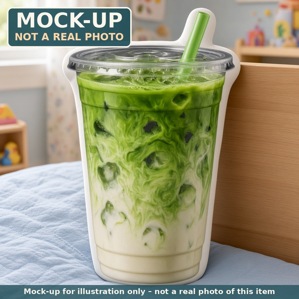 Mock-up (not a real photo): Iced Matcha Latte Pillow – Shaped Plush Throw Pillow shown in a home setting