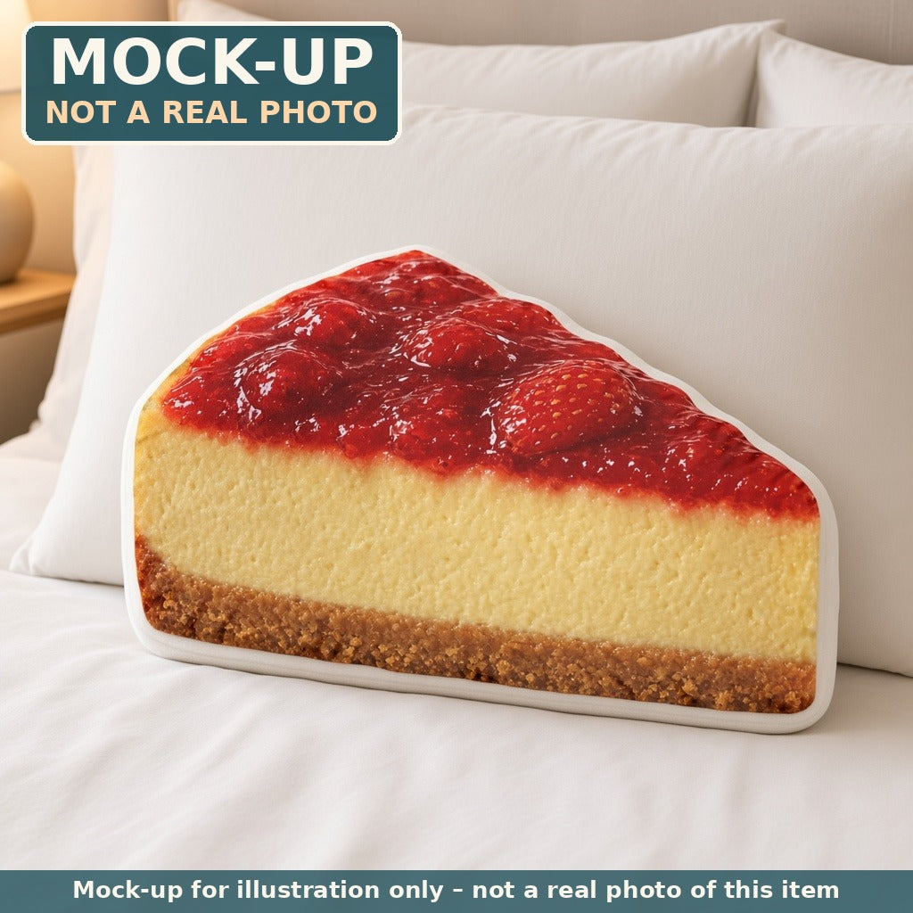 Mock-up (not a real photo): Strawberry Cheesecake Slice Pillow – Shaped Plush Throw Pillow shown in a home setting