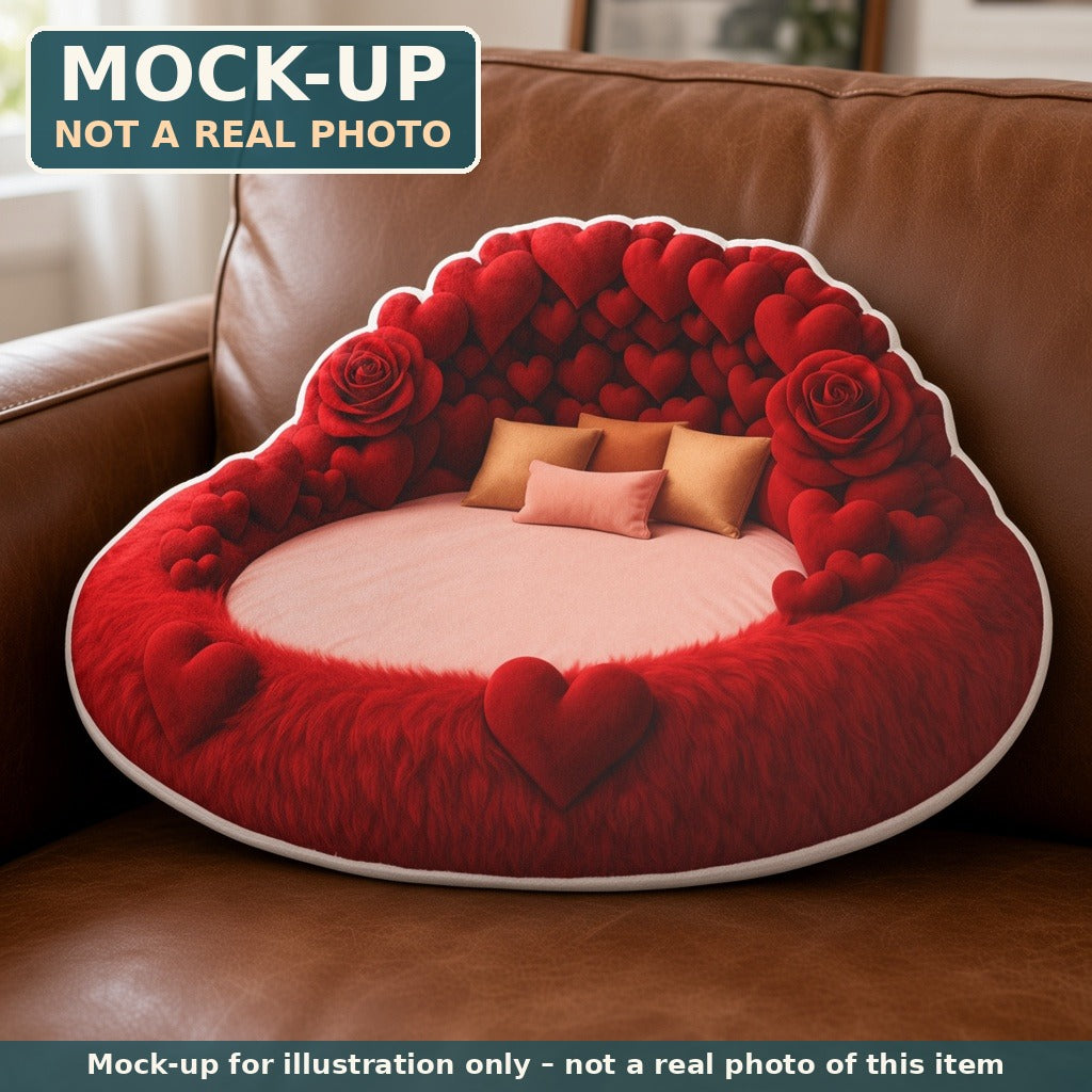 Mock-up (not a real photo): Red Rose Heart Lounger Pillow – Shaped Plush Throw Pillow shown in a home setting