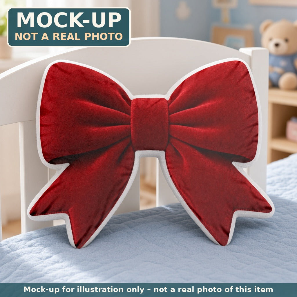 Mock-up (not a real photo): Red Velvet Bow Pillow – Shaped Plush Throw Pillow shown in a home setting