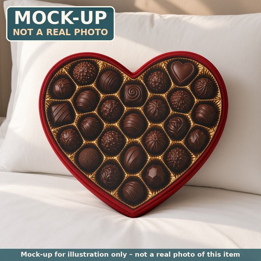 Mock-up (not a real photo): Heart Box of Chocolates Pillow – Shaped Plush Throw Pillow shown in a home setting