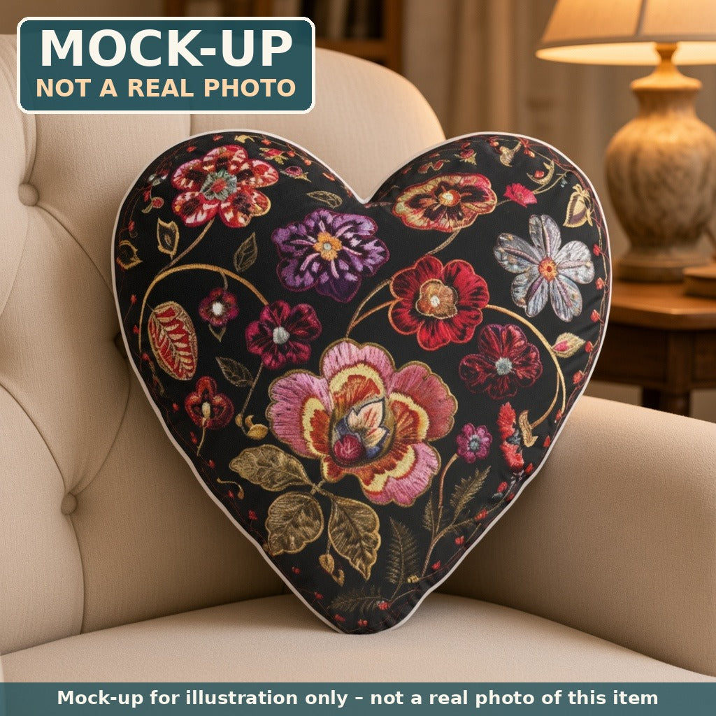 Mock-up (not a real photo): Velvet Floral Heart Pillow – Shaped Plush Throw Pillow shown in a home setting
