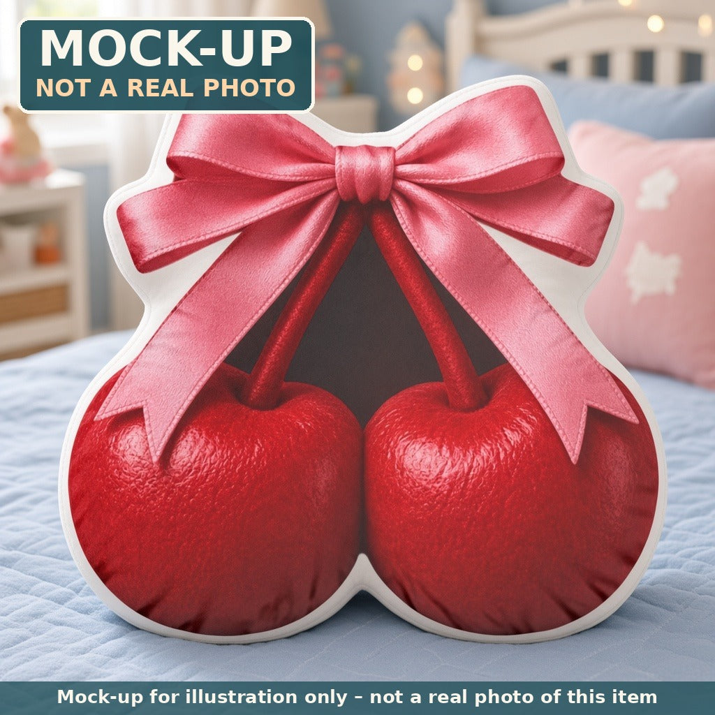 Mock-up (not a real photo): Coquette Cherry Bow Pillow – Shaped Plush Throw Pillow shown in a home setting