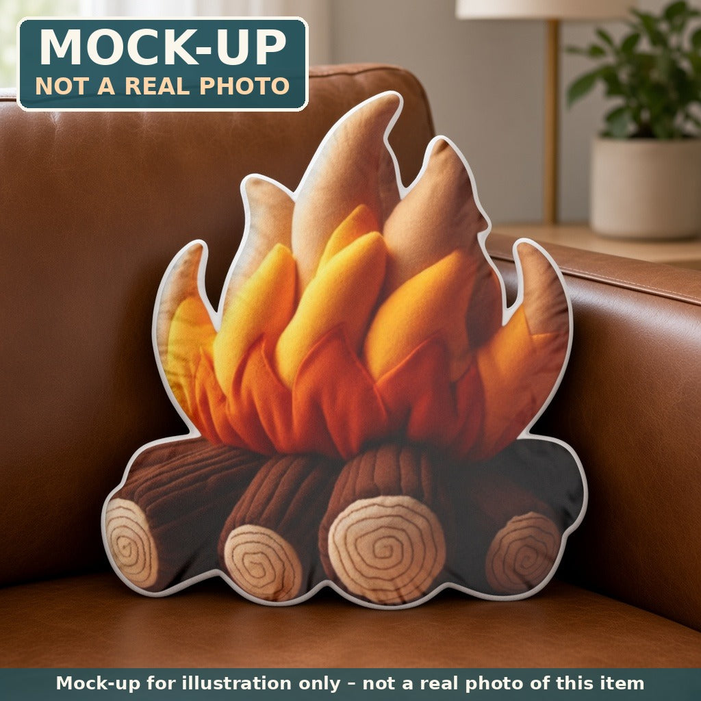 Mock-up (not a real photo): Campfire Log Pillow – Shaped Plush Throw Pillow shown in a home setting