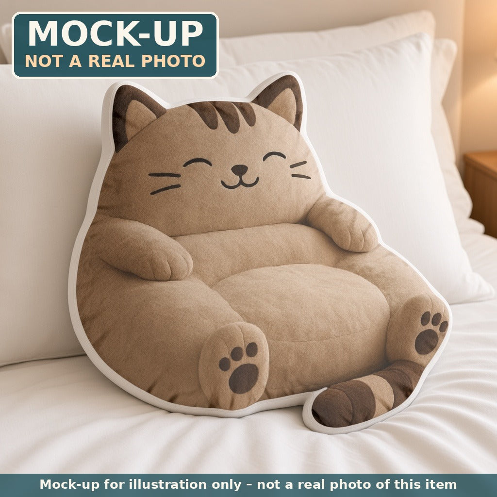 Mock-up (not a real photo): Kawaii Cat Lounger Pillow – Shaped Plush Throw Pillow shown in a home setting