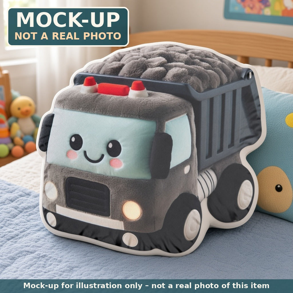 Mock-up (not a real photo): Kawaii Work Truck Pillow – Shaped Plush Throw Pillow shown in a home setting