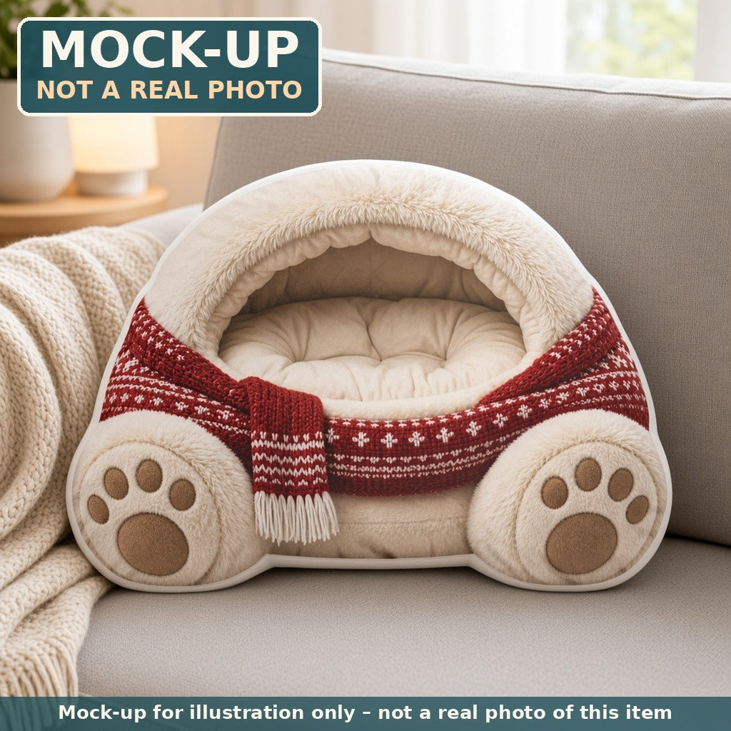 Mock-up (not a real photo): Christmas Bear Cave Lounger Pillow – Shaped Plush Throw Pillow shown in a home setting