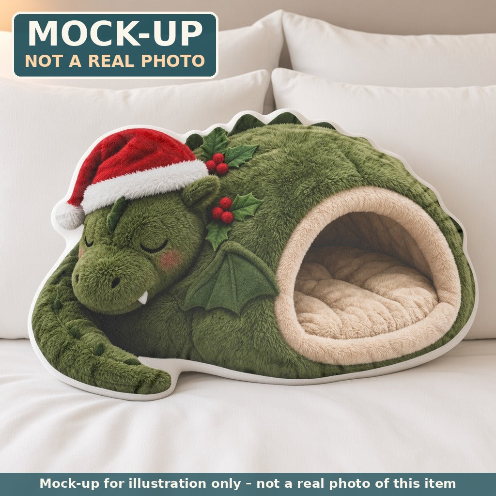 Mock-up (not a real photo): Christmas Dragon Cave Lounger Pillow – Shaped Plush Throw Pillow shown in a home setting