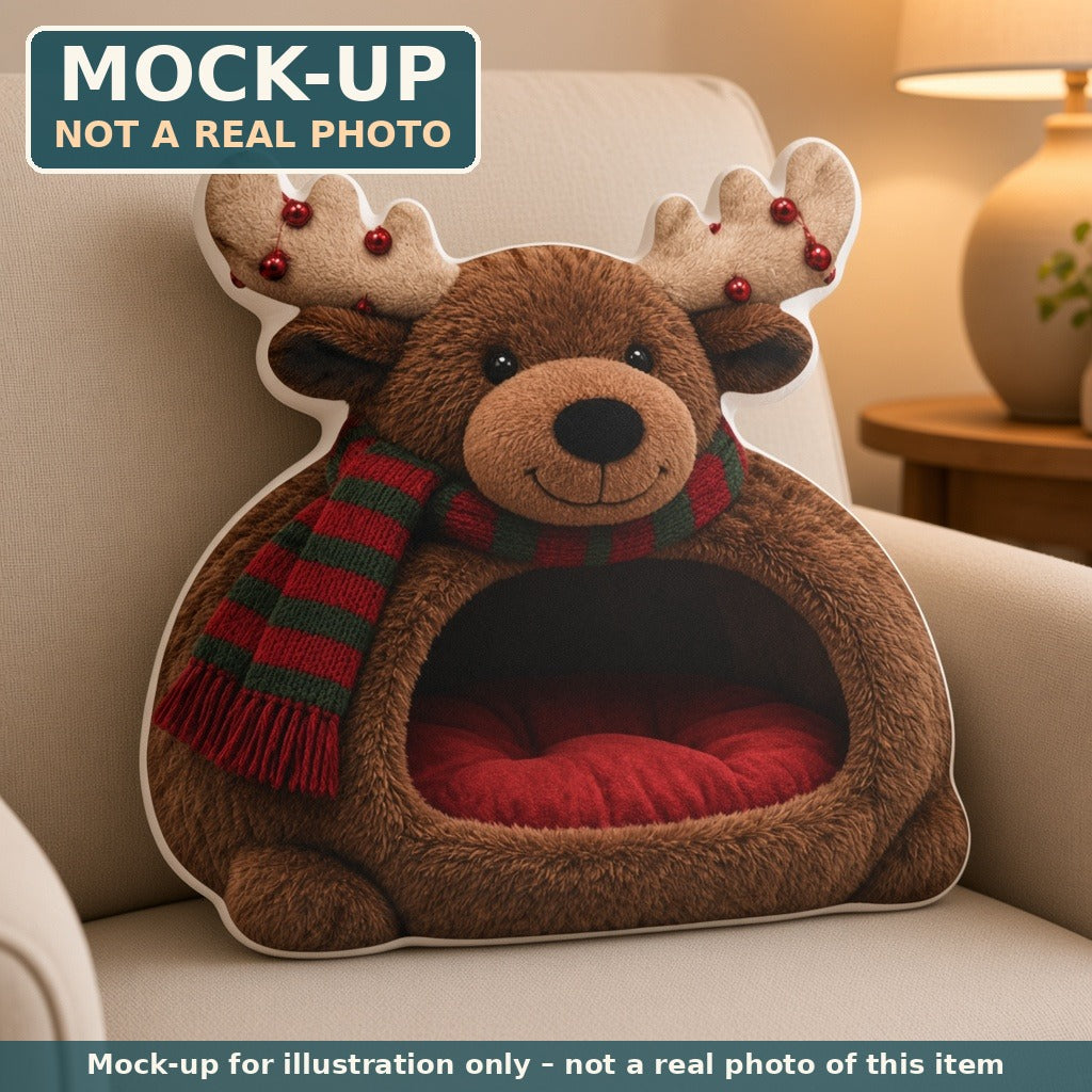 Mock-up (not a real photo): Christmas Moose Cave Lounger Pillow – Shaped Plush Throw Pillow shown in a home setting