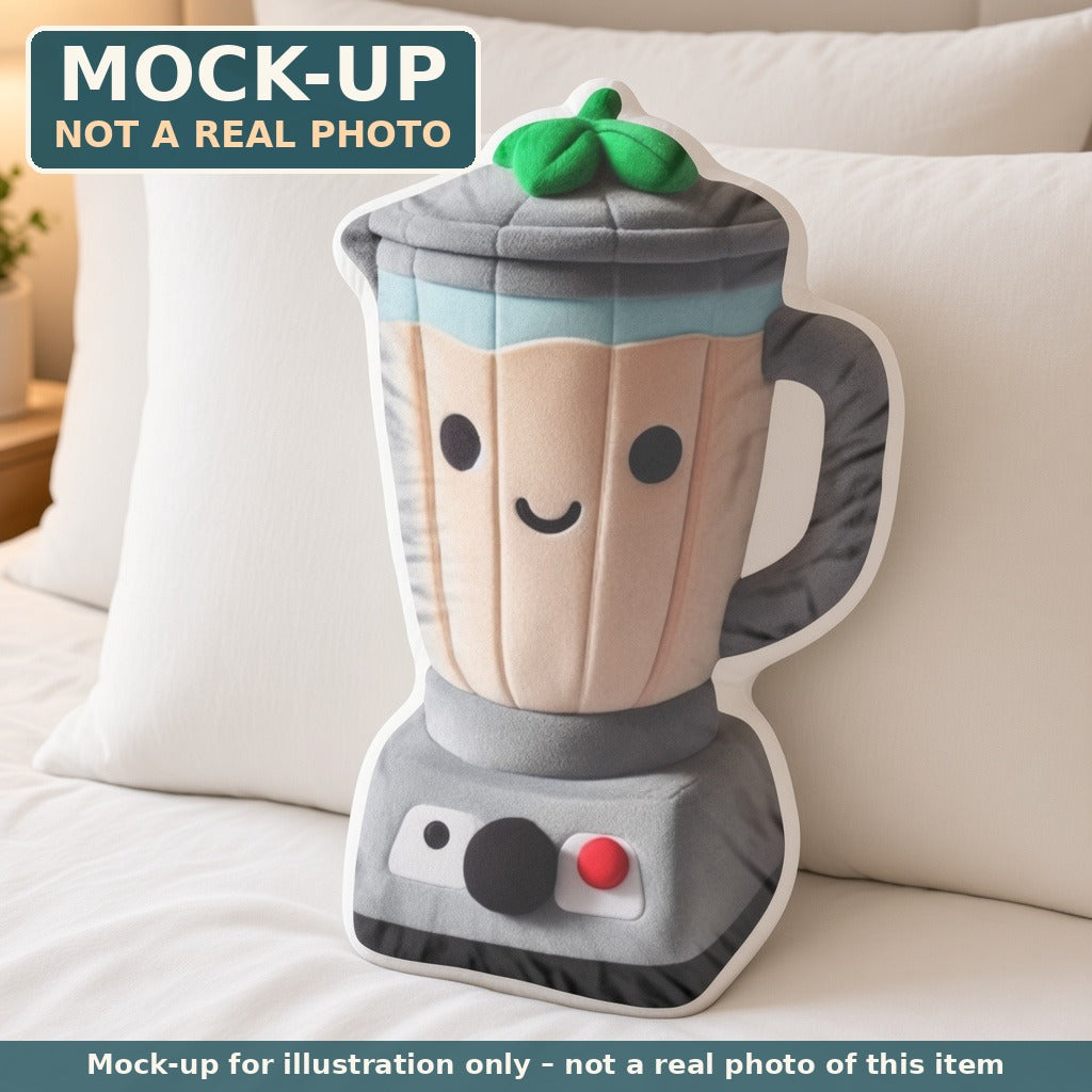 Mock-up (not a real photo): Kawaii Blender Pillow – Shaped Plush Throw Pillow shown in a home setting