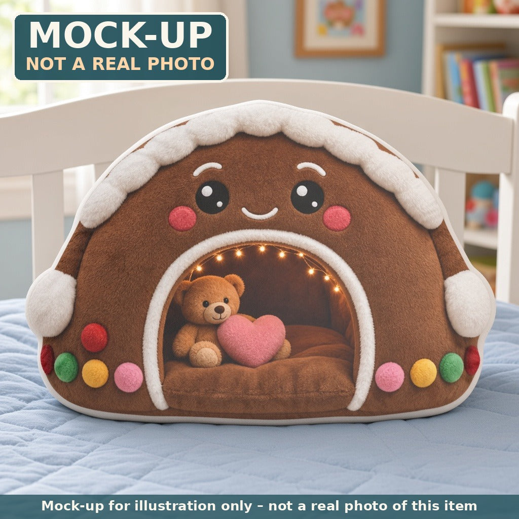 Mock-up (not a real photo): Gingerbread House Cave Lounger Pillow – Shaped Plush Throw Pillow shown in a home setting