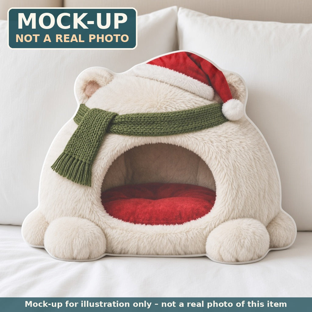 Mock-up (not a real photo): Christmas Polar Bear Cave Lounger Shaped Plush Throw Pillow shown in a home setting