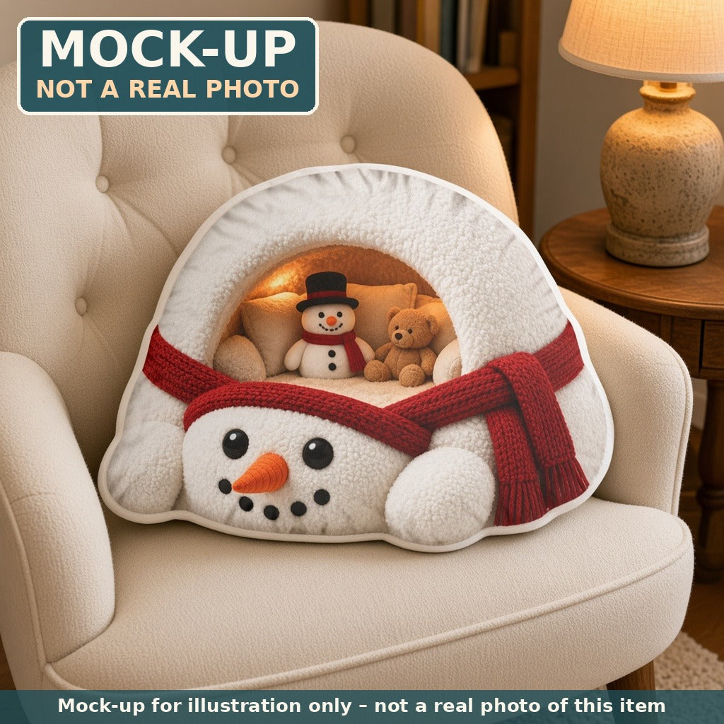 Mock-up (not a real photo): Giant Snowman Cave Lounger Pillow – Shaped Plush Throw Pillow shown in a home setting