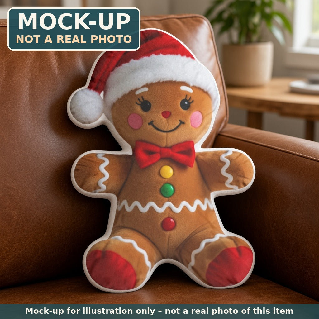 Mock-up (not a real photo): Gingerbread Man Pillow – Shaped Plush Throw Pillow shown in a home setting