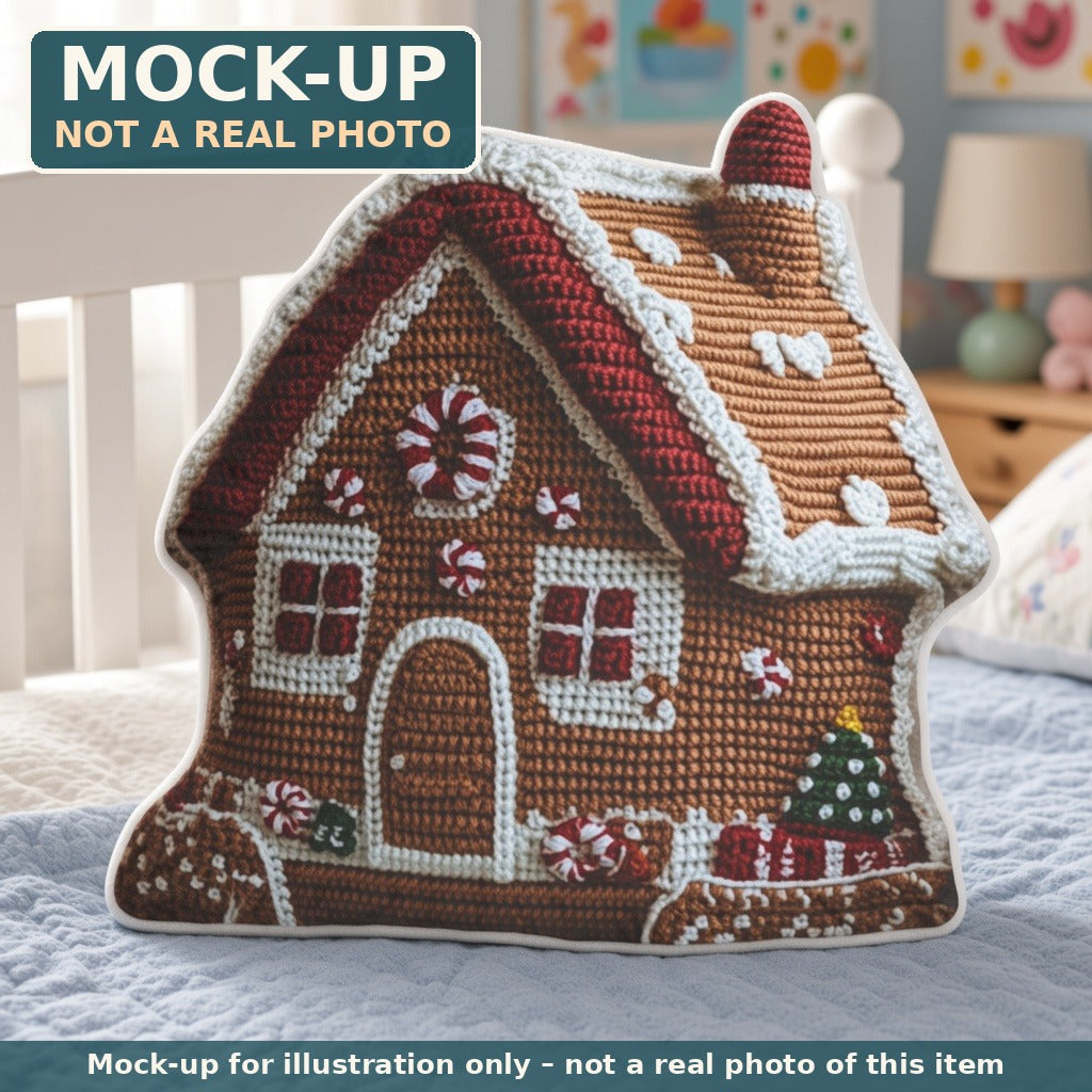 Mock-up (not a real photo): Gingerbread House Pillow – Shaped Plush Throw Pillow shown in a home setting