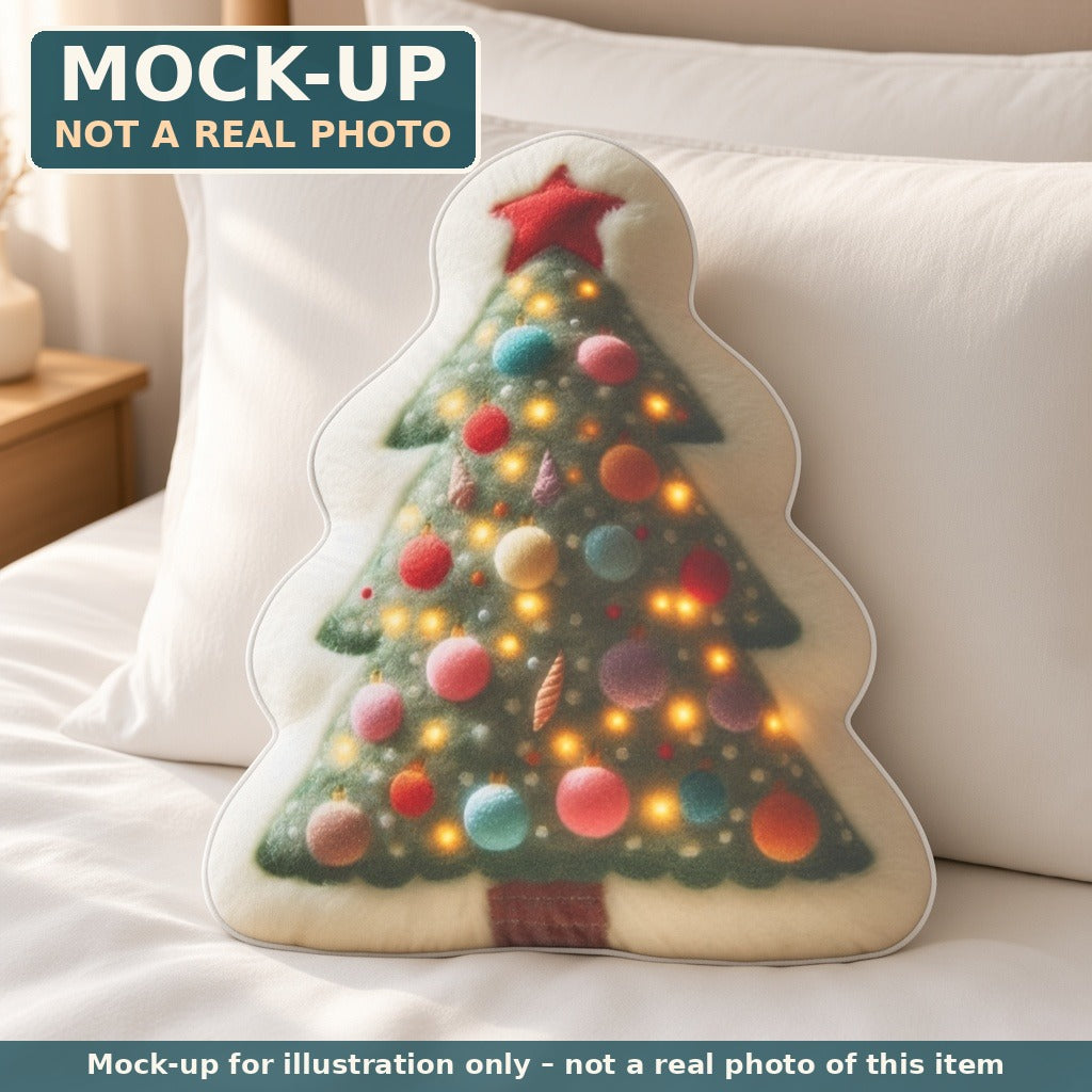 Mock-up (not a real photo): Twinkle Lights Christmas Tree Pillow – Shaped Plush Throw Pillow shown in a home setting