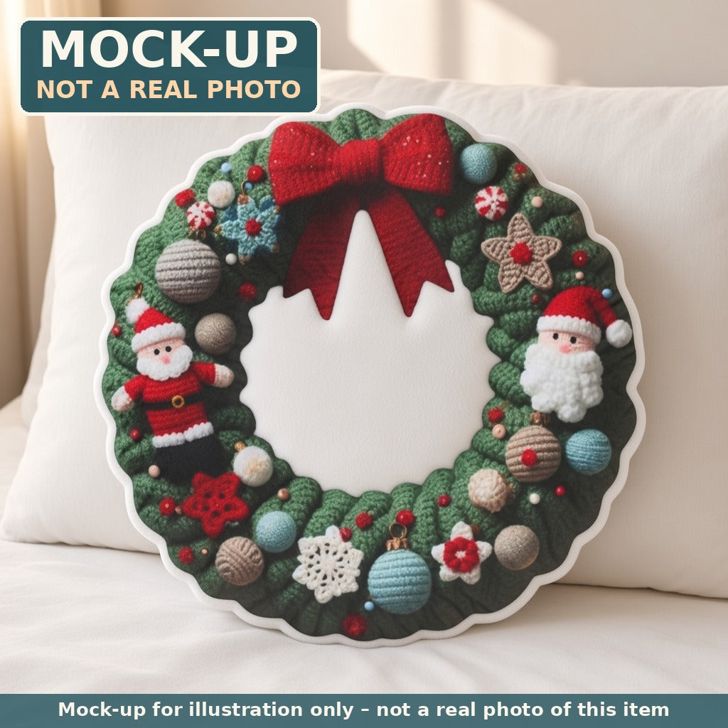 Mock-up (not a real photo): Christmas Wreath Pillow – Shaped Plush Throw Pillow shown in a home setting