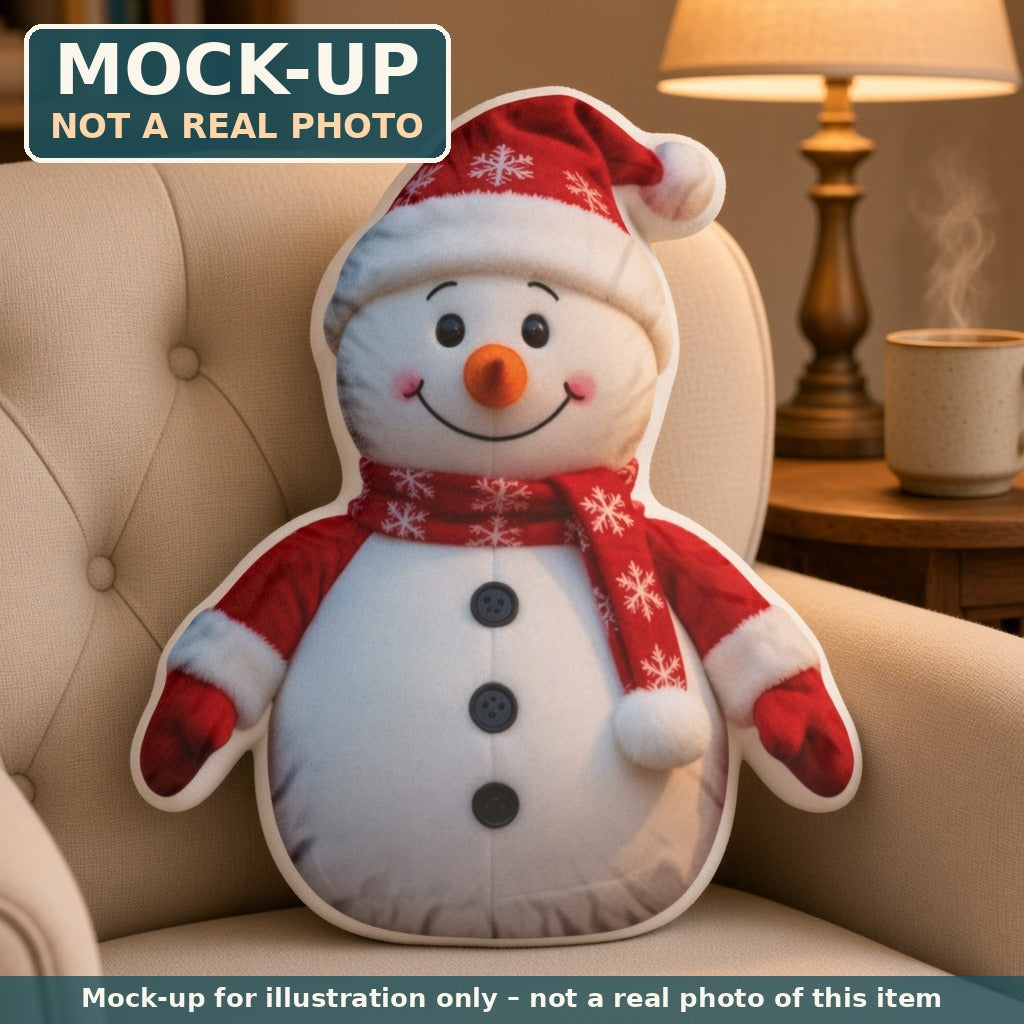 Mock-up (not a real photo): Snowman with Santa Hat Pillow – Shaped Plush Throw Pillow shown in a home setting
