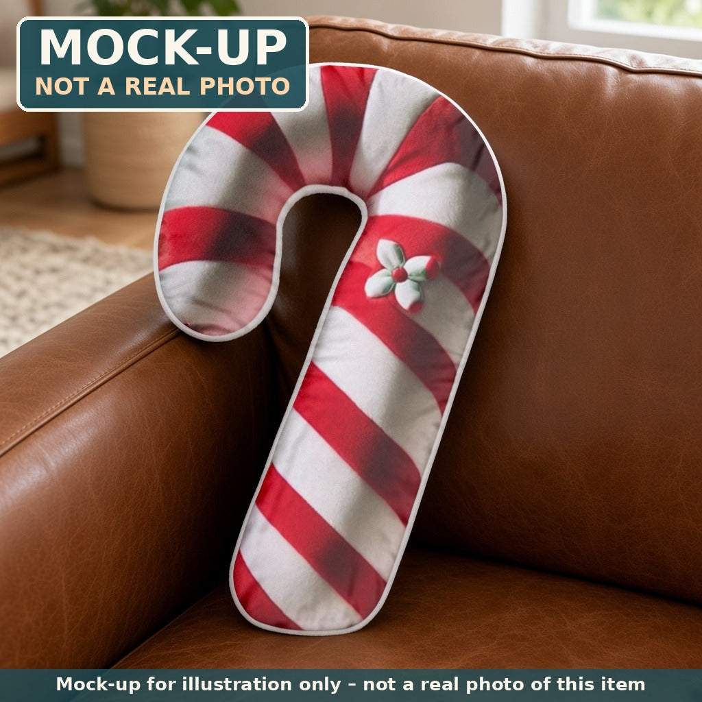 Mock-up (not a real photo): Christmas Candy Cane Pillow – Shaped Plush Throw Pillow shown in a home setting