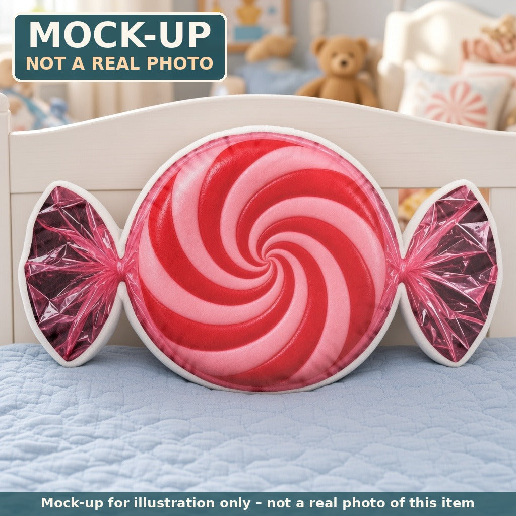 Mock-up (not a real photo): Peppermint Swirl Candy Pillow – Shaped Plush Throw Pillow shown in a home setting