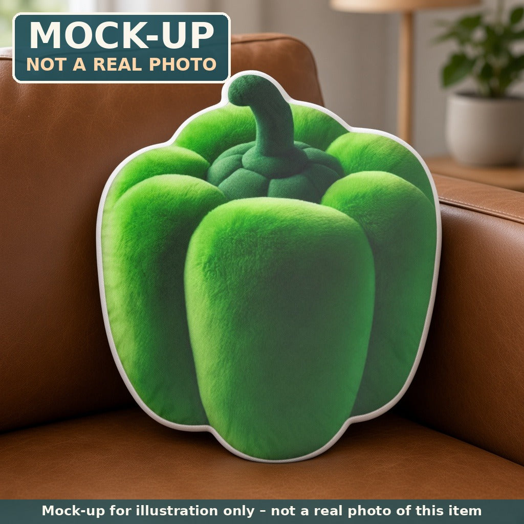 Mock-up (not a real photo): Green Bell Pepper Pillow – Shaped Plush Throw Pillow shown in a home setting