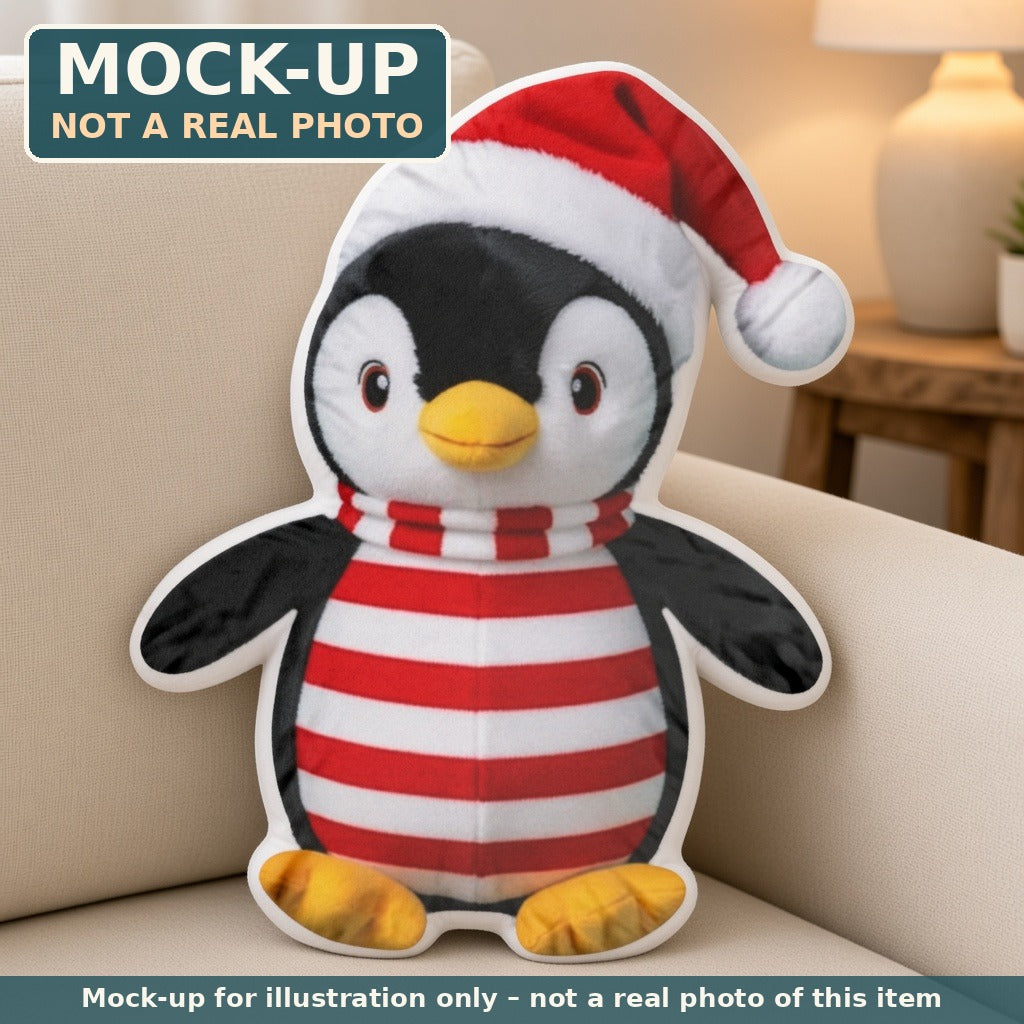 Mock-up (not a real photo): Christmas Penguin Pillow – Shaped Plush Throw Pillow shown in a home setting