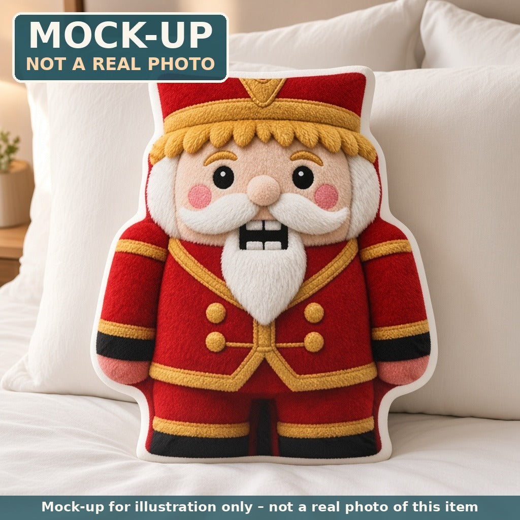 Mock-up (not a real photo): Toy Soldier Nutcracker Pillow – Shaped Plush Throw Pillow shown in a home setting