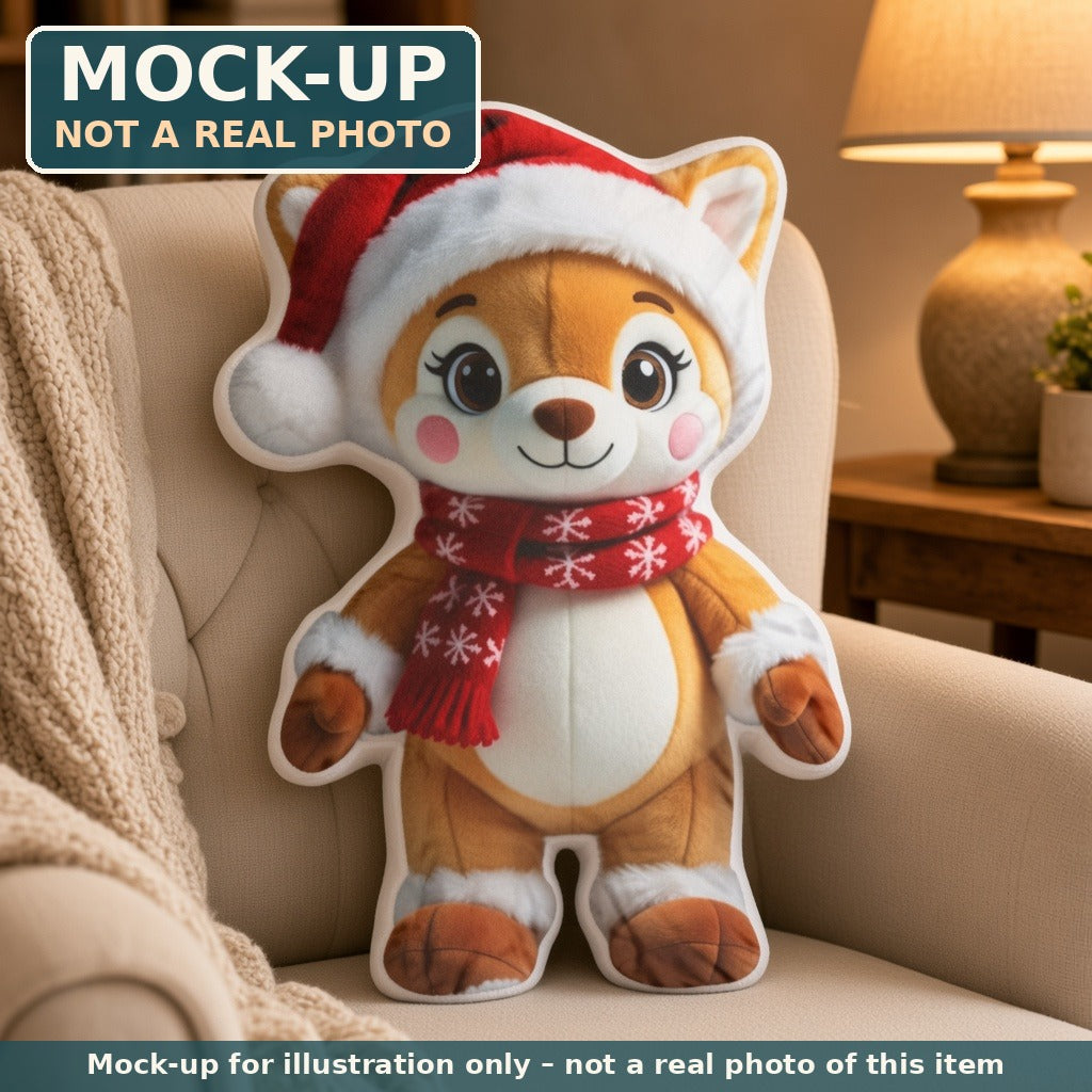 Mock-up (not a real photo): Christmas Fox in Santa Hat Pillow – Shaped Plush Throw Pillow shown in a home setting