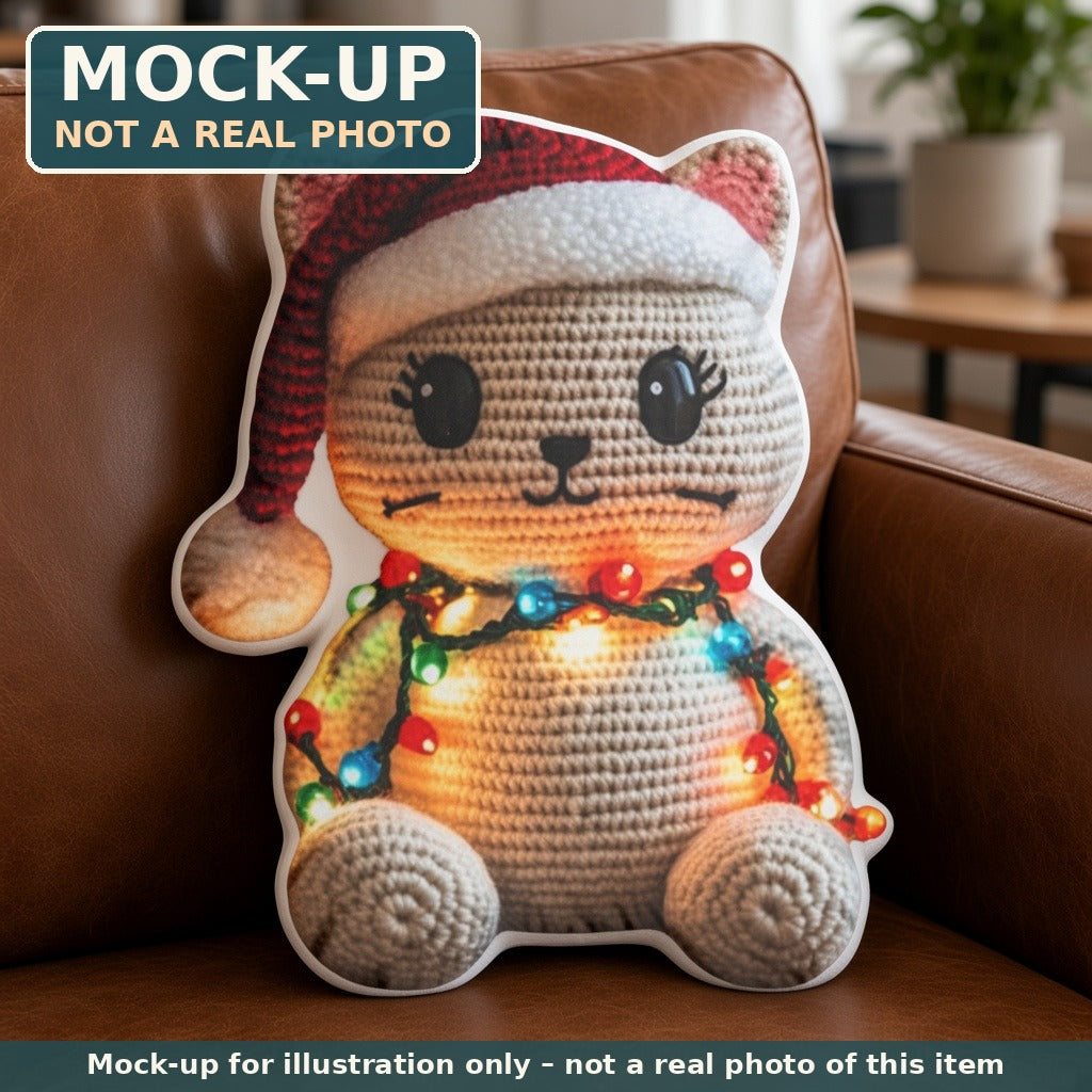 Mock-up (not a real photo): Christmas Lights Cat Pillow – Shaped Plush Throw Pillow shown in a home setting