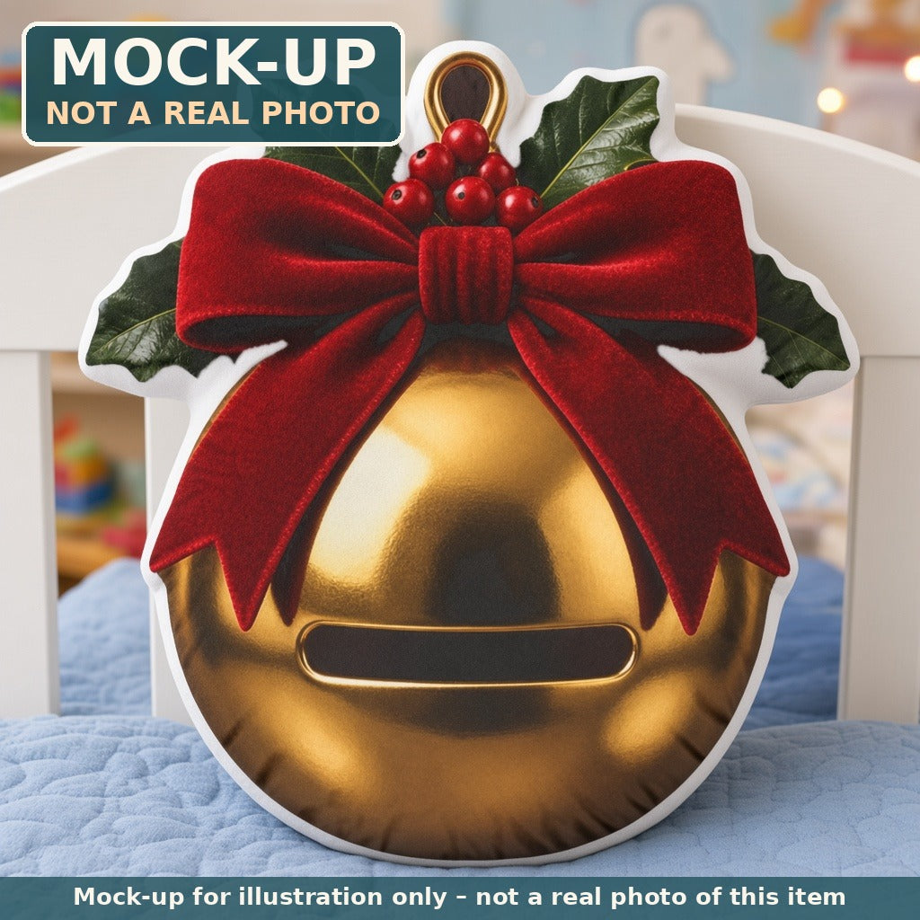 Mock-up (not a real photo): Golden Jingle Bell Pillow – Shaped Plush Throw Pillow shown in a home setting