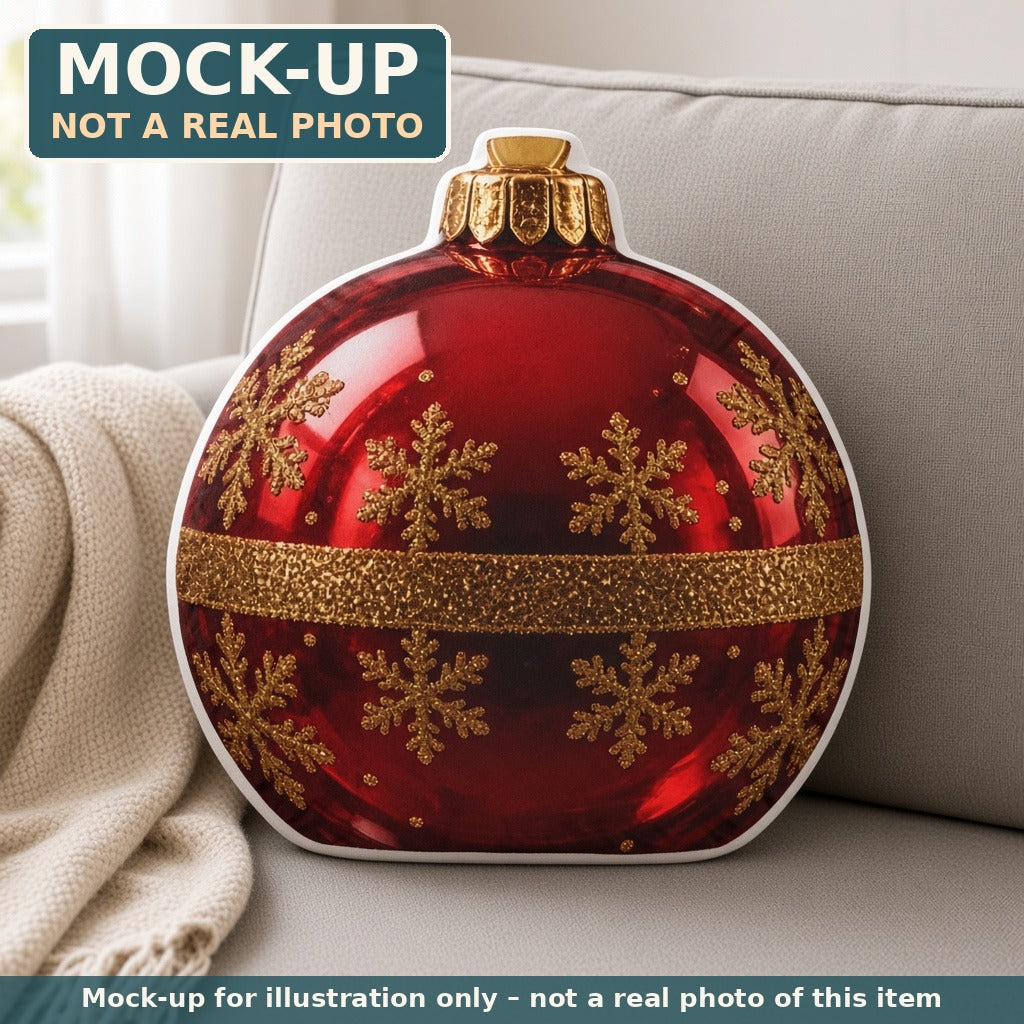Mock-up (not a real photo): Red Snowflake Ornament Pillow – Shaped Plush Throw Pillow shown in a home setting