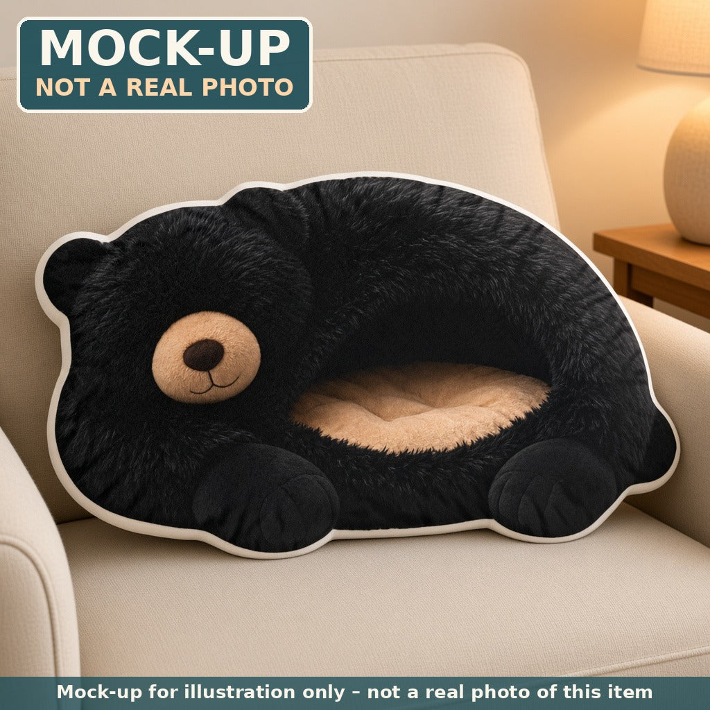 Mock-up (not a real photo): Giant Black Bear Cave Lounger Pillow – Shaped Plush Throw Pillow shown in a home setting