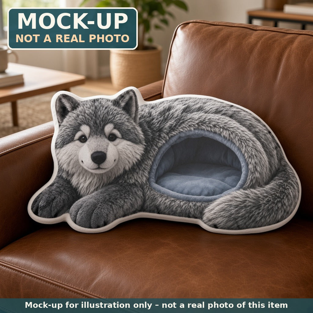 Mock-up (not a real photo): Giant Gray Wolf Cave Lounger Pillow – Shaped Plush Throw Pillow shown in a home setting