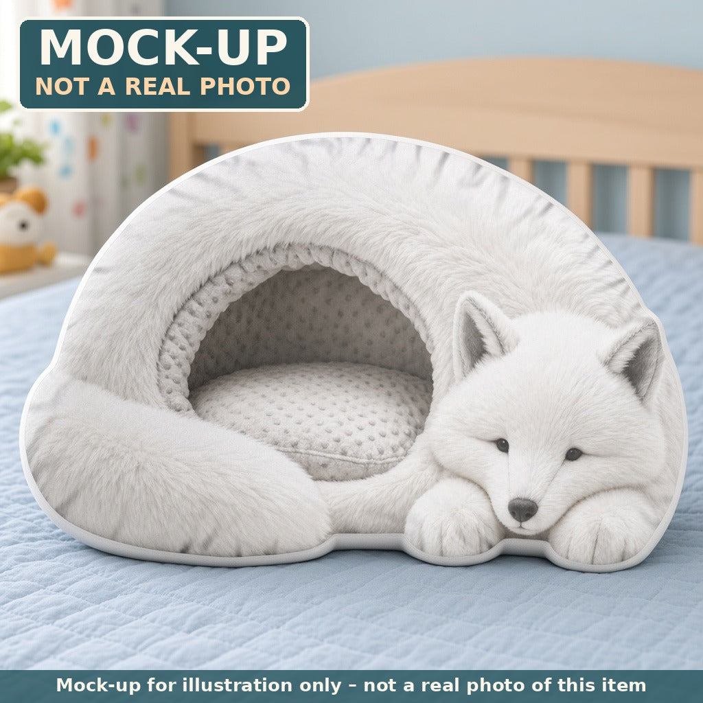 Mock-up (not a real photo): Giant Arctic Fox Cave Lounger Pillow – Shaped Plush Throw Pillow shown in a home setting
