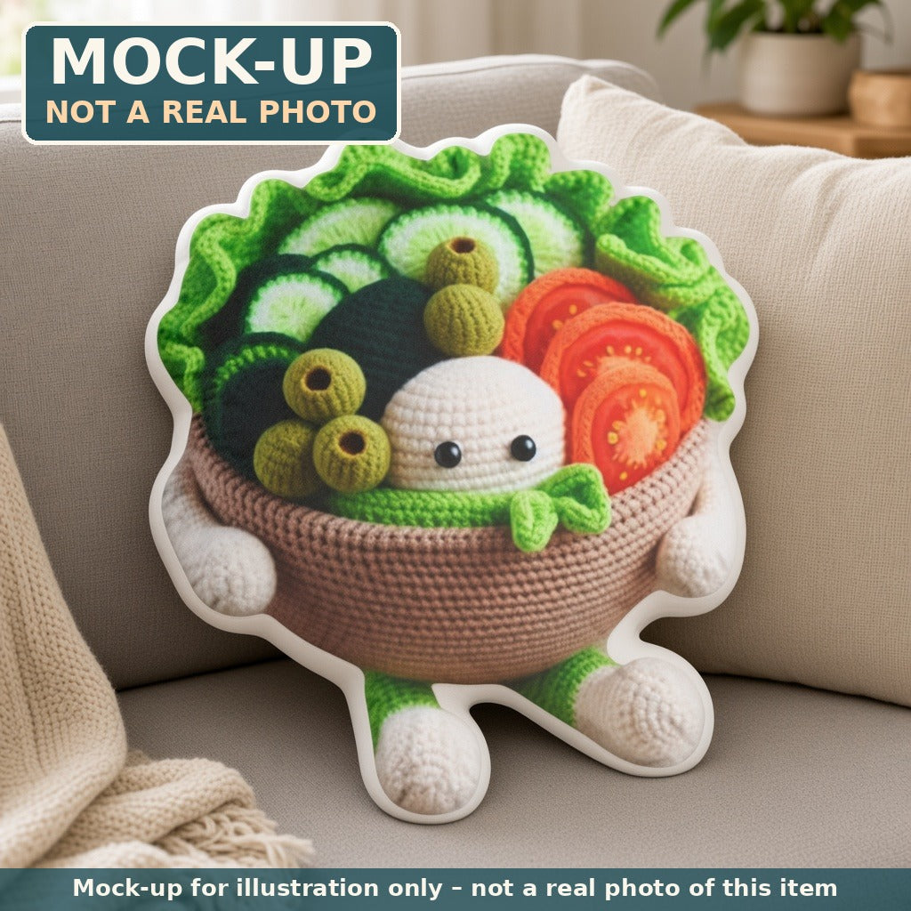 Mock-up (not a real photo): Crochet-Look Salad Bowl Pillow – Shaped Plush Throw Pillow shown in a home setting