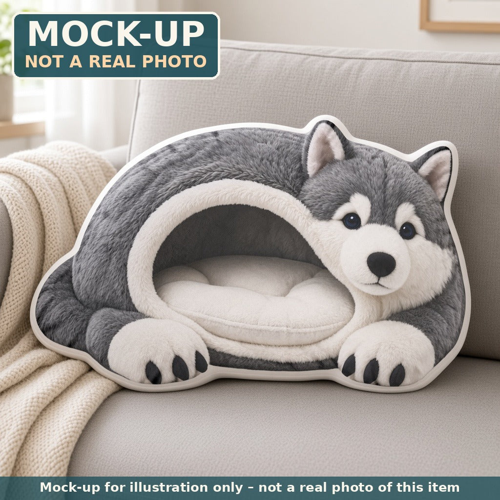 Mock-up (not a real photo): Giant Husky Cave Lounger Pillow – Shaped Plush Throw Pillow shown in a home setting