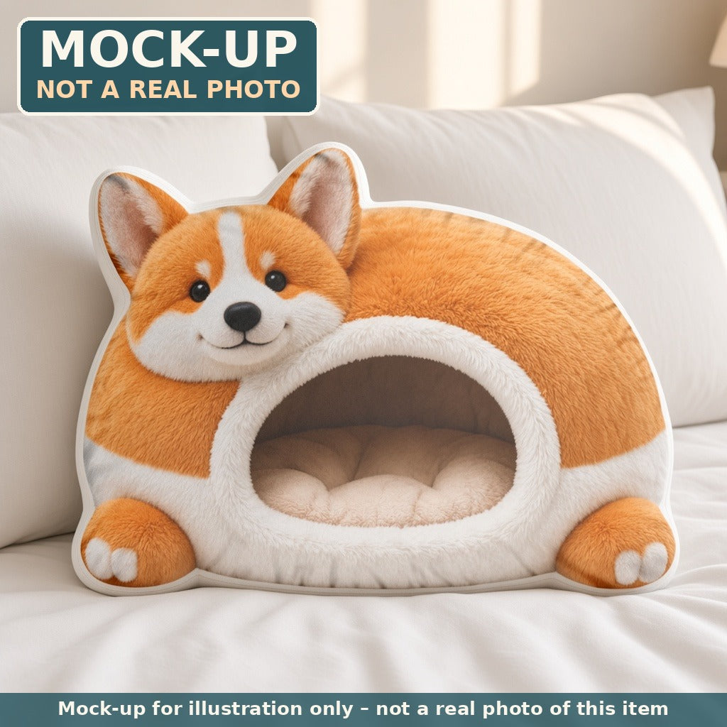 Mock-up (not a real photo): Giant Corgi Loaf Cave Lounger Pillow – Shaped Plush Throw Pillow shown in a home setting