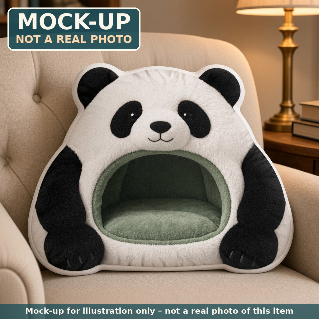 Mock-up (not a real photo): Giant Panda Cave Lounger Pillow – Shaped Plush Throw Pillow shown in a home setting