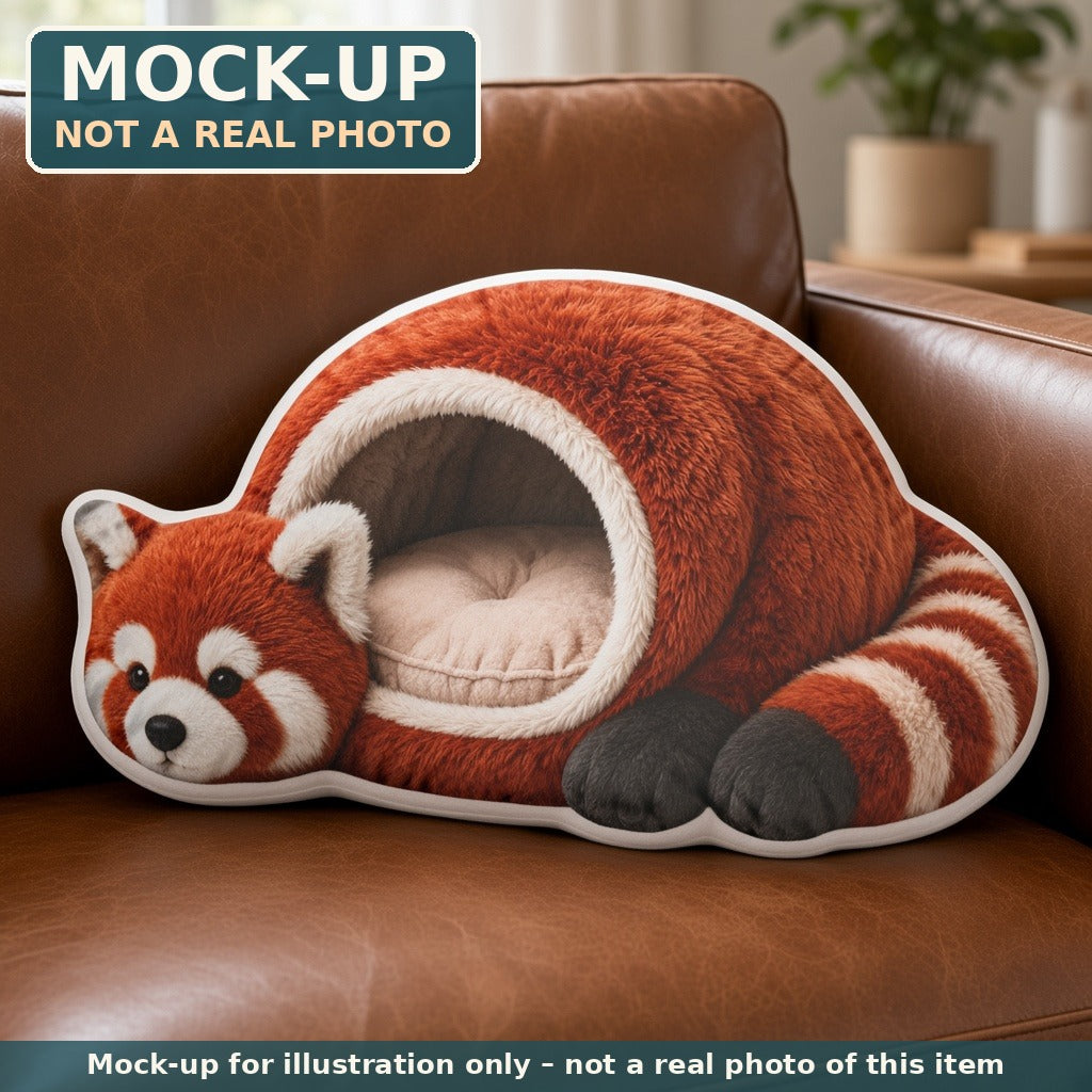Mock-up (not a real photo): Giant Red Panda Cave Lounger Pillow – Shaped Plush Throw Pillow shown in a home setting