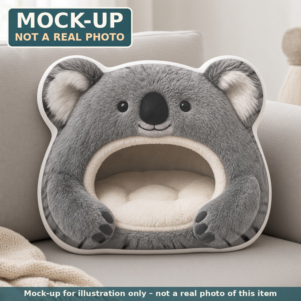 Mock-up (not a real photo): Giant Koala Cave Lounger Pillow – Shaped Plush Throw Pillow shown in a home setting