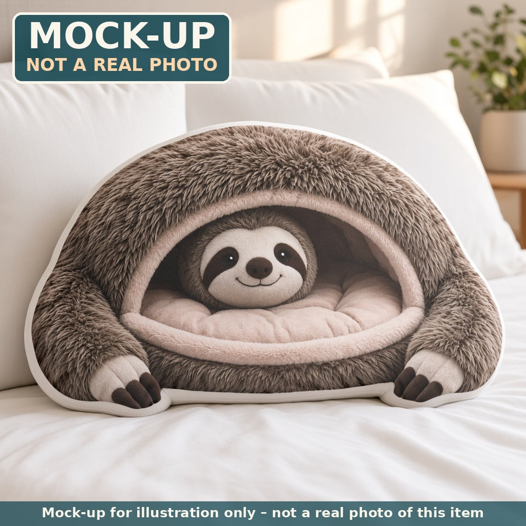 Mock-up (not a real photo): Giant Sloth Cave Lounger Pillow – Shaped Plush Throw Pillow shown in a home setting