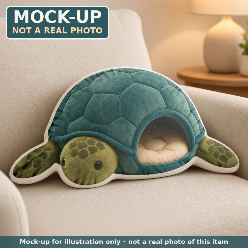 Mock-up (not a real photo): Teal Sea Turtle Cave Lounger Pillow – Shaped Plush Throw Pillow shown in a home setting
