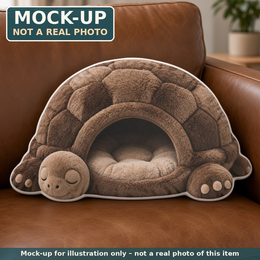 Mock-up (not a real photo): Giant Tortoise Cave Lounger Pillow – Shaped Plush Throw Pillow shown in a home setting
