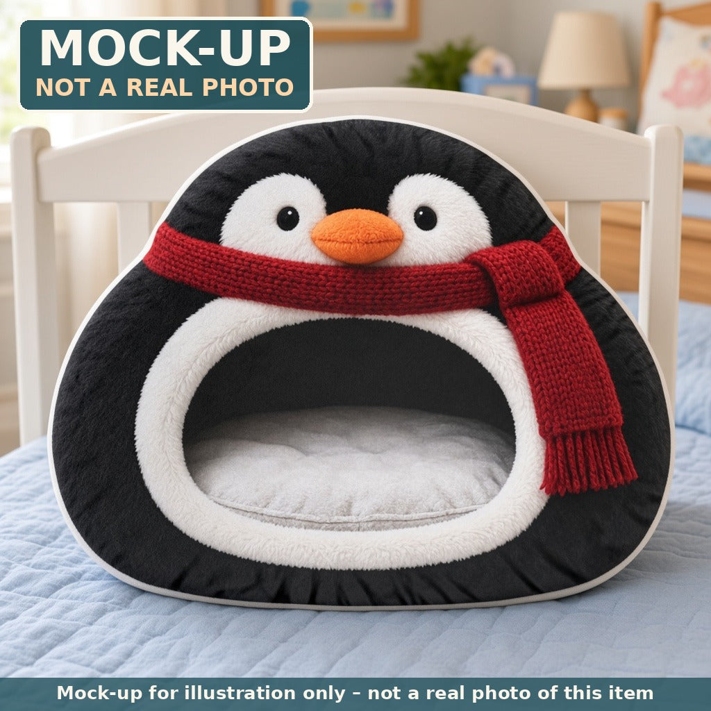 Mock-up (not a real photo): Scarf Penguin Cave Lounger Pillow – Shaped Plush Throw Pillow shown in a home setting