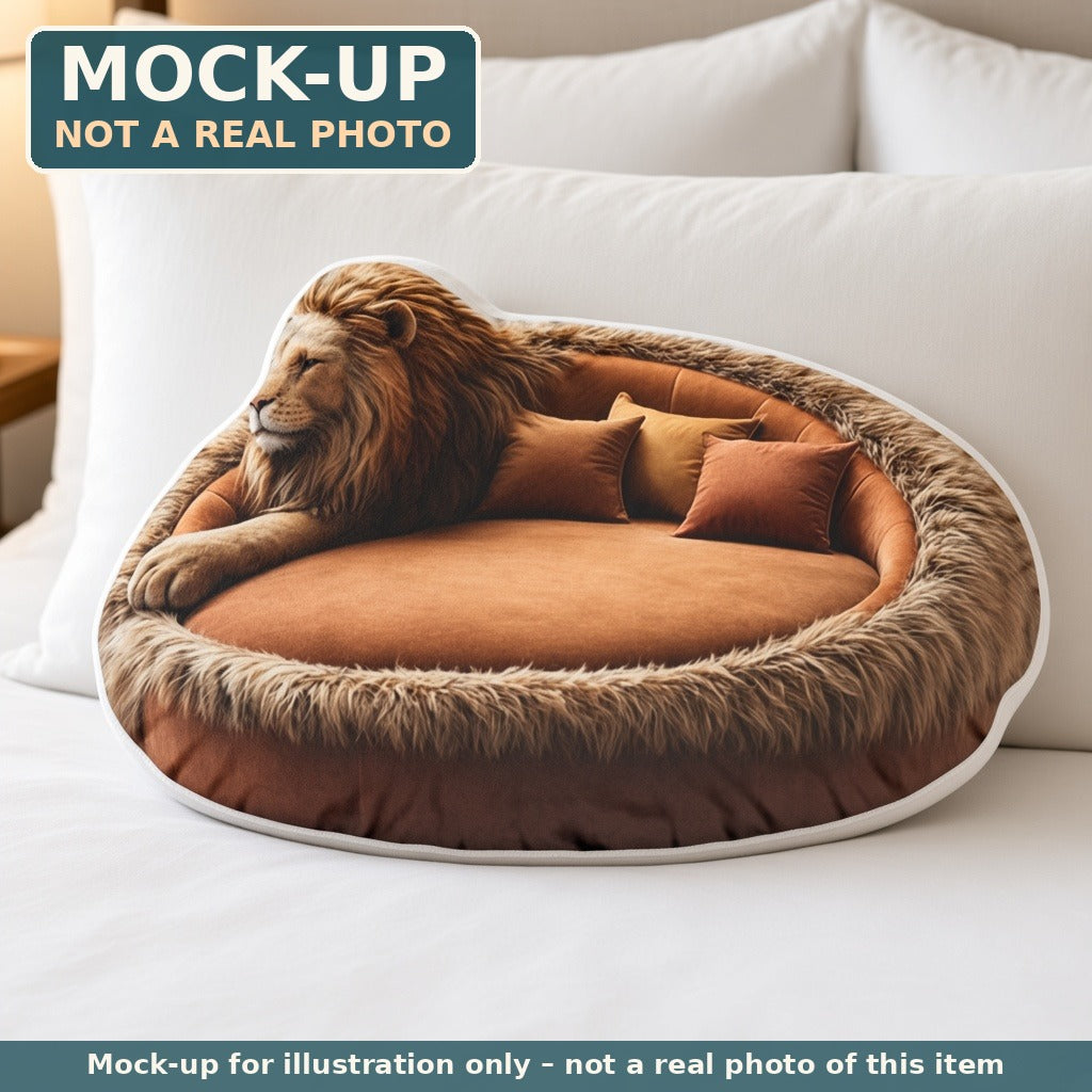 Mock-up (not a real photo): Resting Lion Lounger Pillow – Shaped Plush Throw Pillow shown in a home setting