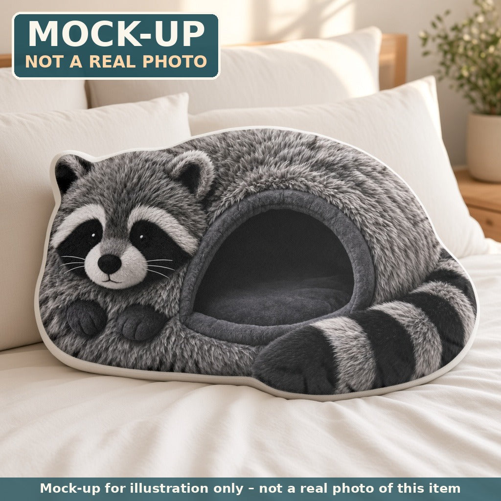 Mock-up (not a real photo): Giant Raccoon Cave Lounger Pillow – Shaped Plush Throw Pillow shown in a home setting