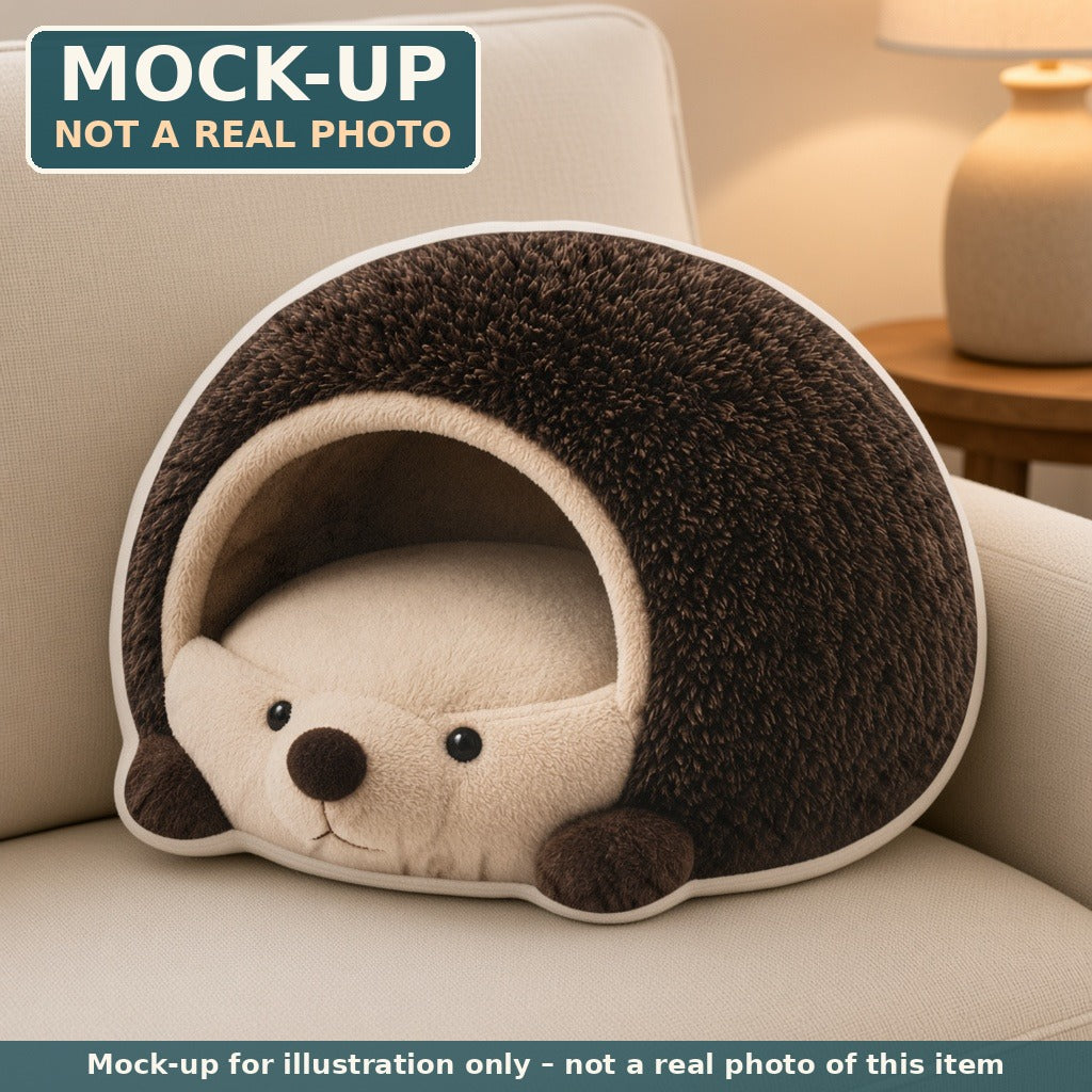 Mock-up (not a real photo): Giant Hedgehog Cave Lounger Pillow – Shaped Plush Throw Pillow shown in a home setting
