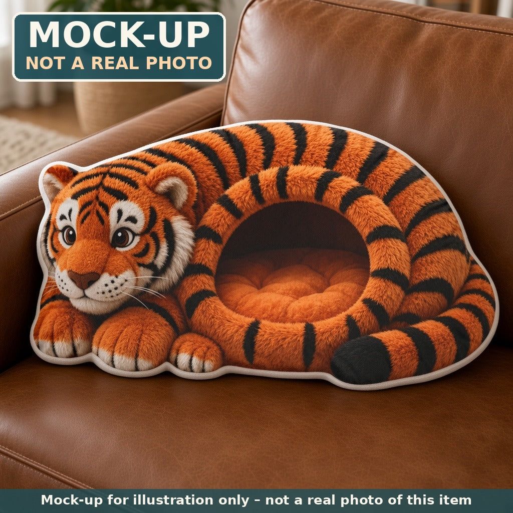 Mock-up (not a real photo): Orange Tiger Cave Lounger Pillow – Shaped Plush Throw Pillow shown in a home setting