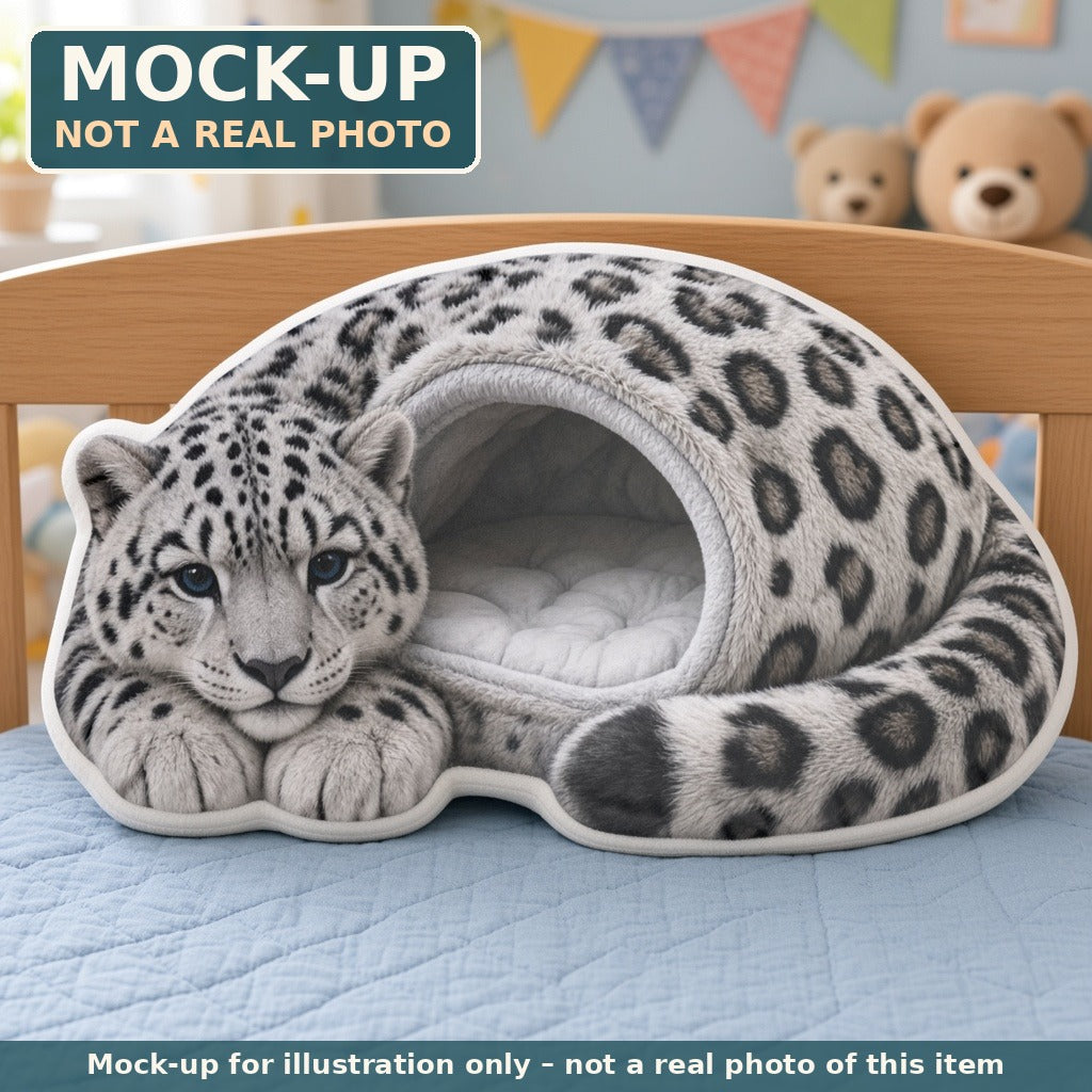 Mock-up (not a real photo): Snow Leopard Cave Lounger Pillow – Shaped Plush Throw Pillow shown in a home setting