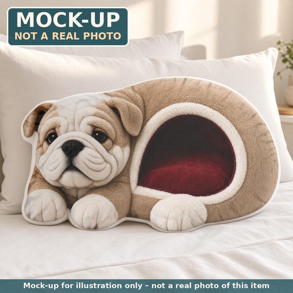 Mock-up (not a real photo): Giant Bulldog Cave Lounger Pillow – Shaped Plush Throw Pillow shown in a home setting